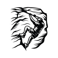 Monochrome Silhouette of Active Athlete Climbing Rock Face by Rope with Gear