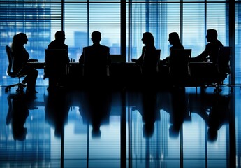 A group of people are sitting in a conference room. The room is blue and has a window. The people are all dressed in business attire