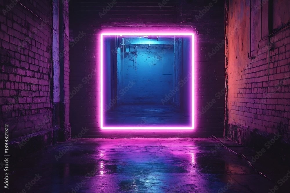 Aufkleber neon light portal in dark brick tunnel futuristic gate abstract background glowing square technology