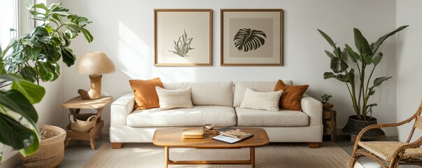 white wall with sofa and coffee table, wooden frame mockup.