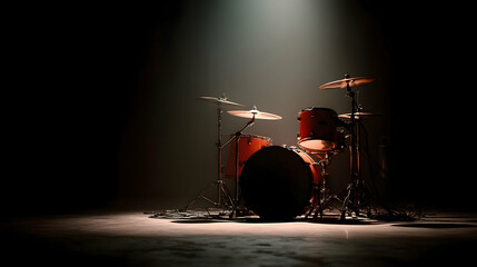 Dramatic spotlight illuminates a drum kit, evoking musical performance atmosphere