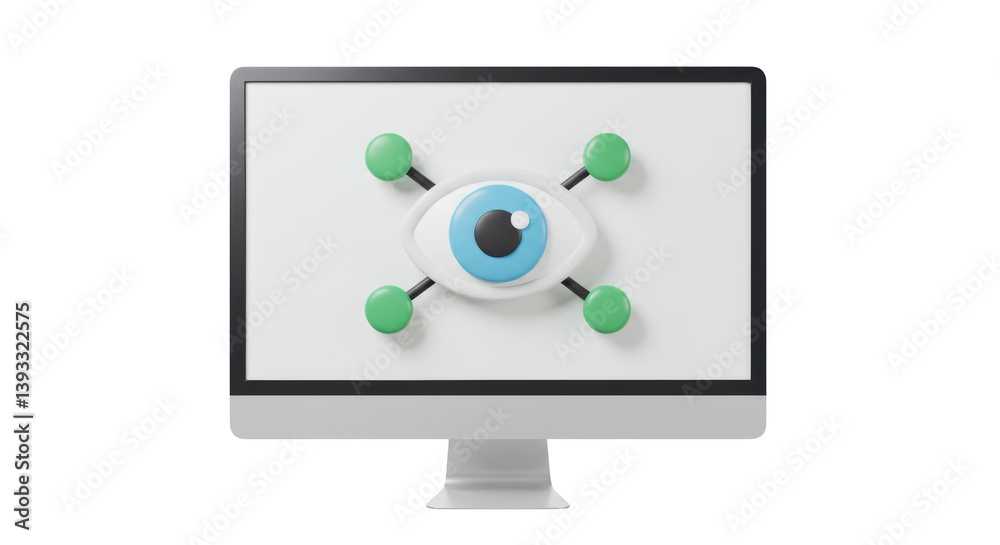 Poster isolated computer monitor displaying eye symbol with network nodes for surveillance