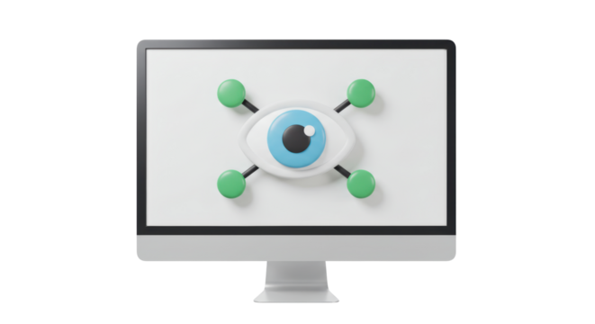 Isolated Computer Monitor Displaying Eye Symbol with Network Nodes for Surveillance