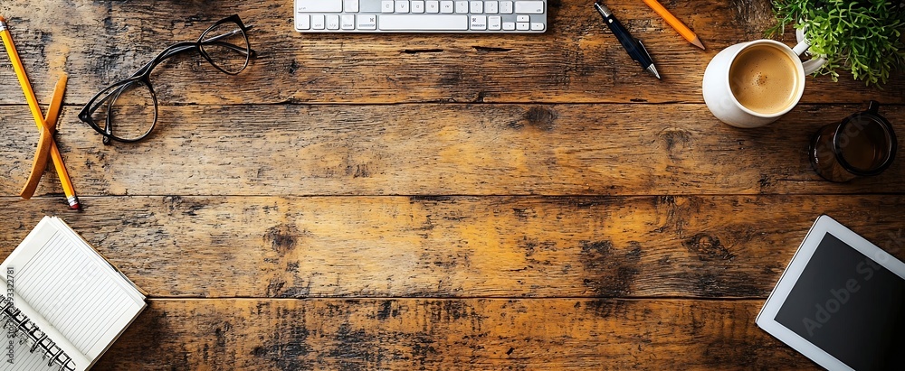 Aufkleber rustic workspace top view with keyboard coffee tablet and stationery on a distressed wooden desk for