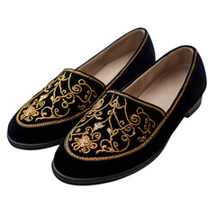 Luxurious Black Velvet Slippers with Gold Embroidery Isolated on Transparent Background