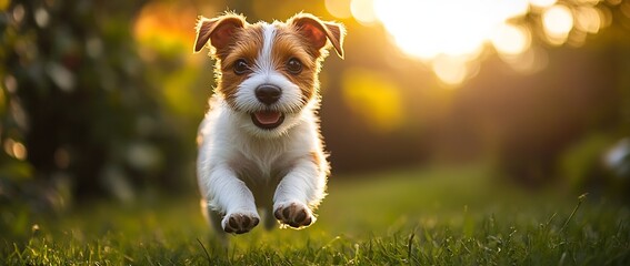 Happy Dog Running Through Green Field Smiling Jack Russell Terrier Puppy Enjoying Sunset : Generative AI