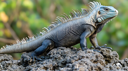 Fototapeta premium Magnificent reptile basking in the sun, displaying its unique coloration and spiky dorsal crest, against a lush backdrop. A true spectacle of nature's artistry.