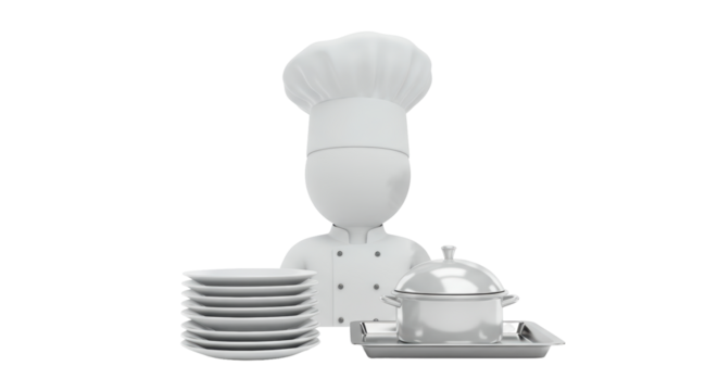 Isolated Chef Character with Stack of Plates and Covered Serving Dish