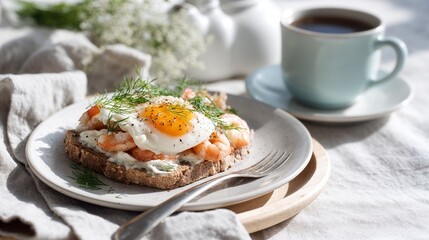 Bright breakfast toast with shrimp and fried egg, appetizing and fresh, on a linen tablecloth