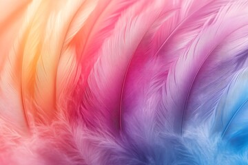 Fototapeta premium Pastel Feathers in Pink Peach and Blue Creating an Abstract Gradient of Soft Texture and Light : Generative AI