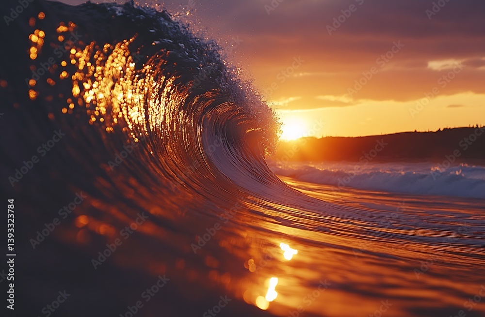 Poster dramatic sunset wave crashing with golden light reflections powerful ocean energy and scenic coastal