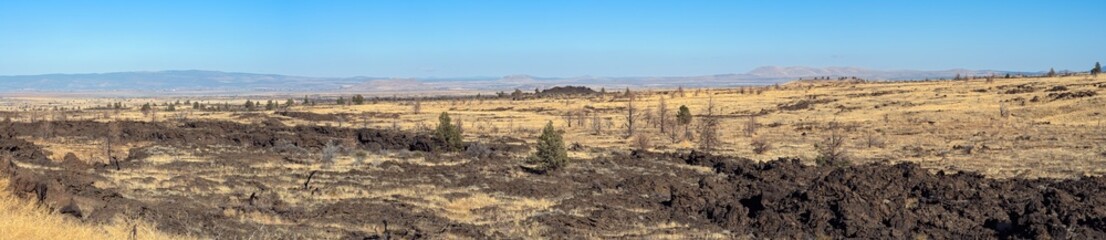 Panorama of the ancient lava flows near the Fleener Chimneys at the Lava Beds National Monument in California, USA