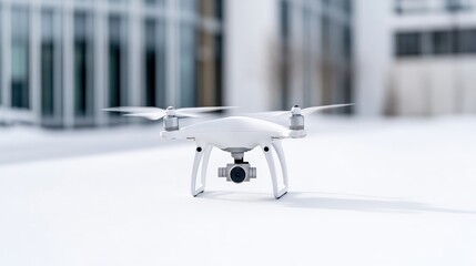 White drone on a snowy surface in front of modern buildings