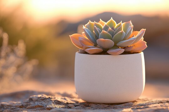 A succulent plant in a white pot, bathed in the warm glow of sunset.