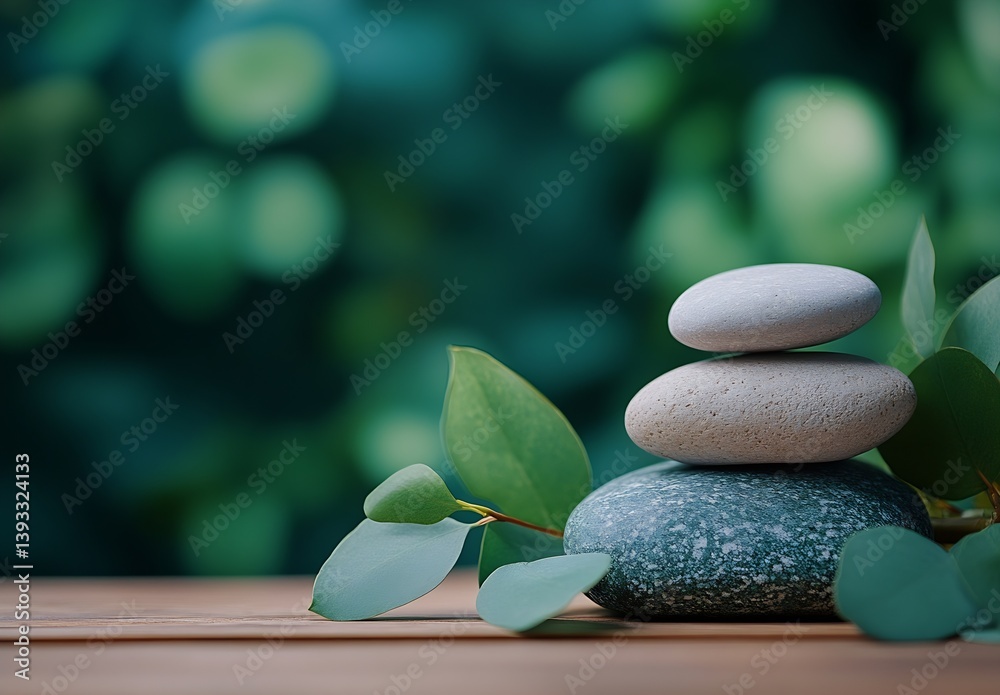 Poster zen stone stack with green leaves in serene garden setting for meditation relaxation wellness and mi