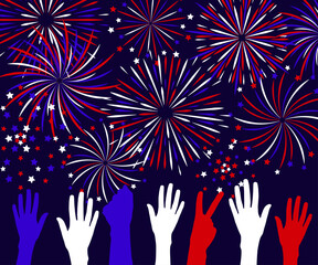 Horizontal banner with fireworks and hands raised up - background for festive design for US Independence Day