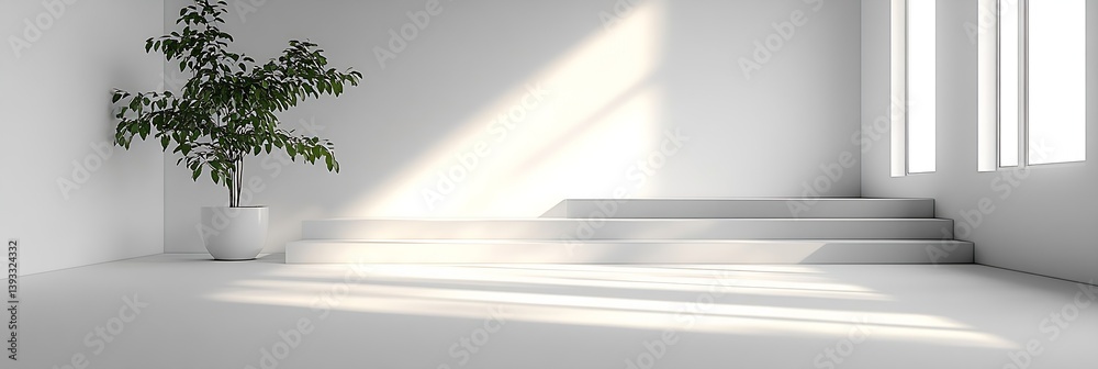 Poster minimalist interior with plant and sunlight white room with steps modern architecture and design cle