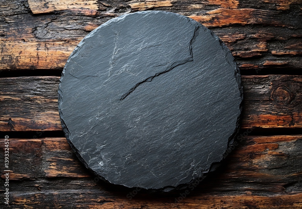 Aufkleber rustic slate plate on dark wood background empty serving board for food presentation top down shot o