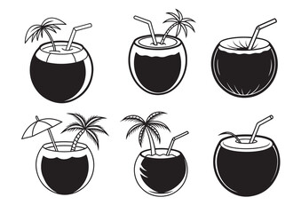 Coconut juice vector, tropical related solid style Silhouette Vector Set