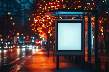 City Street at Night with Illuminated Billboard and Christmas Lights a Vibrant Urban Scene with Festive Atmosphere : Generative AI