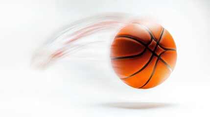 Fast-moving basketball in motion blur against white background.