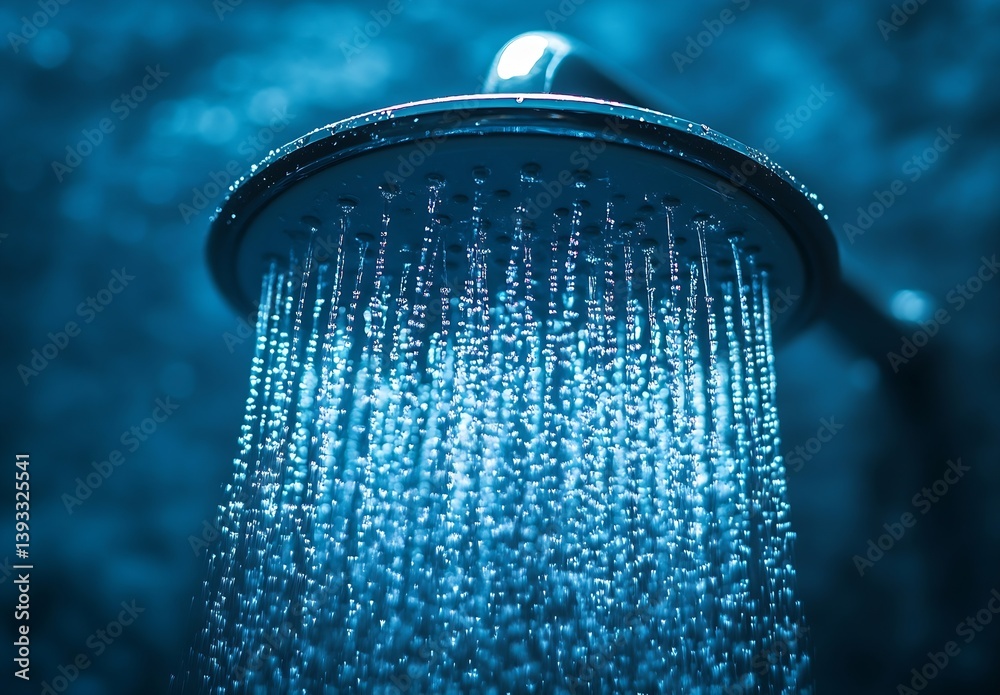 Poster refreshing shower head water stream in blue light a clean and invigorating experience : generative a