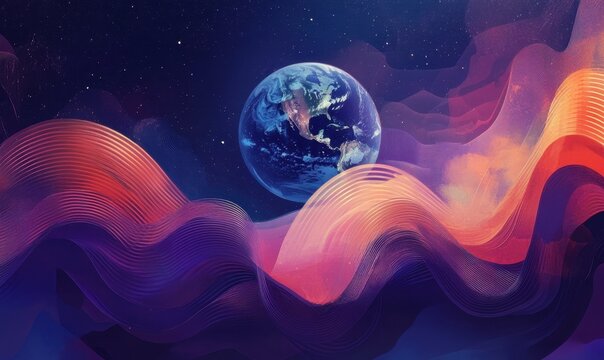 Illustration of sound waves, with the planet Earth in the background Generative AI