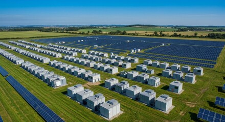 Sustainable Energy Farm: Solar and Battery Storage - Aerial view of a large-scale solar farm with integrated battery energy storage systems. Clean energy solution
