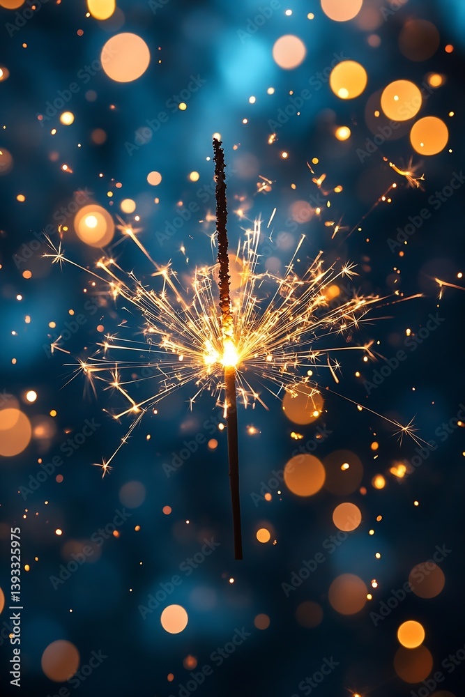 Poster sparkling sparkler on dark blue bokeh background for festive celebration new year's eve and holiday 