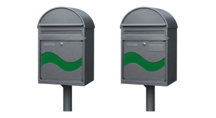 Isolated Pair of Mailboxes in Gray Metal with Green Design Accents