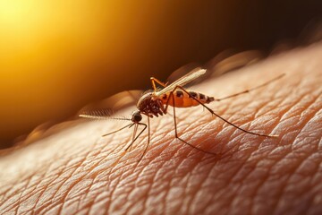 Close-up of a mosquito feeding on human skin.