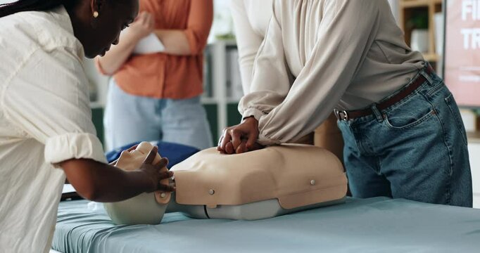 People, hands or mask for first aid dummy for rescue safety, demonstration lesson or education. Paramedic, healthcare or woman in training for medical emergency, learning procedure or life saving