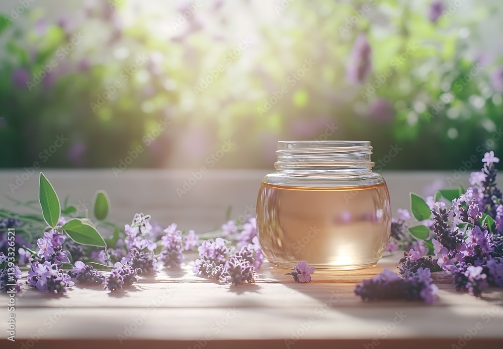 Poster Radiant lavender oil displayed elegantly with soft blooms creating a peaceful ambiance : Generative AI