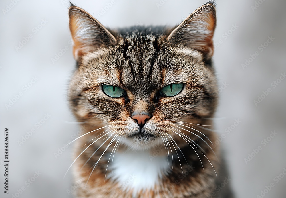 Poster Imposing portrait of a tabby cat with bright green eyes and a powerful yet serene expression set against a blurred background : Generative AI