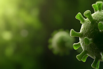 Green viral pathogen: microscopic infectious agent. Scientific visualization of a disease. Study, infection, and cellular impact. Biology, virology, microbiology.