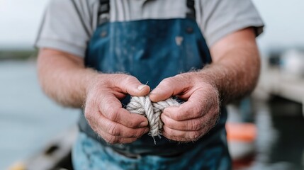 Fisherman's hands carefully tying a knot