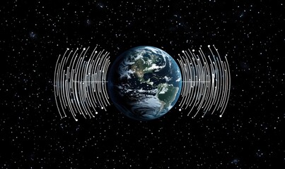 A visual representation of Earth's sound waves, with the planet in focus and surrounded by a cosmic background, symbolizing global communication through audio-visual events Generative AI