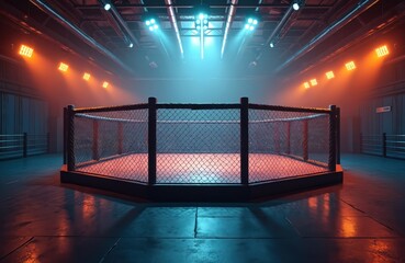 MMA fighting arena illustration with grid, searchlights. Empty octagon cage ready for mixed martial arts competition. Modern gym interior with dramatic lighting. Boxing, kickboxing, combat sports