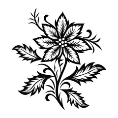 Stylized Blossom Ornate Black and White Flower Design with Petals and Leaves