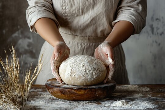 Baker preparing freshly kneaded dough in a rustic kitchen setting with soft lighting