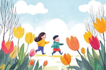 Happy Children Running Through Colorful Flower Field in Spring
