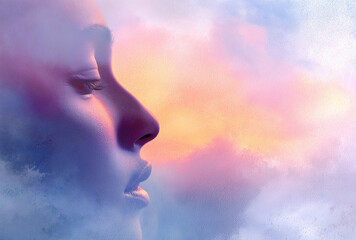  Dreamy watercolor background with pastel clouds shaped like animals in warm sunlight