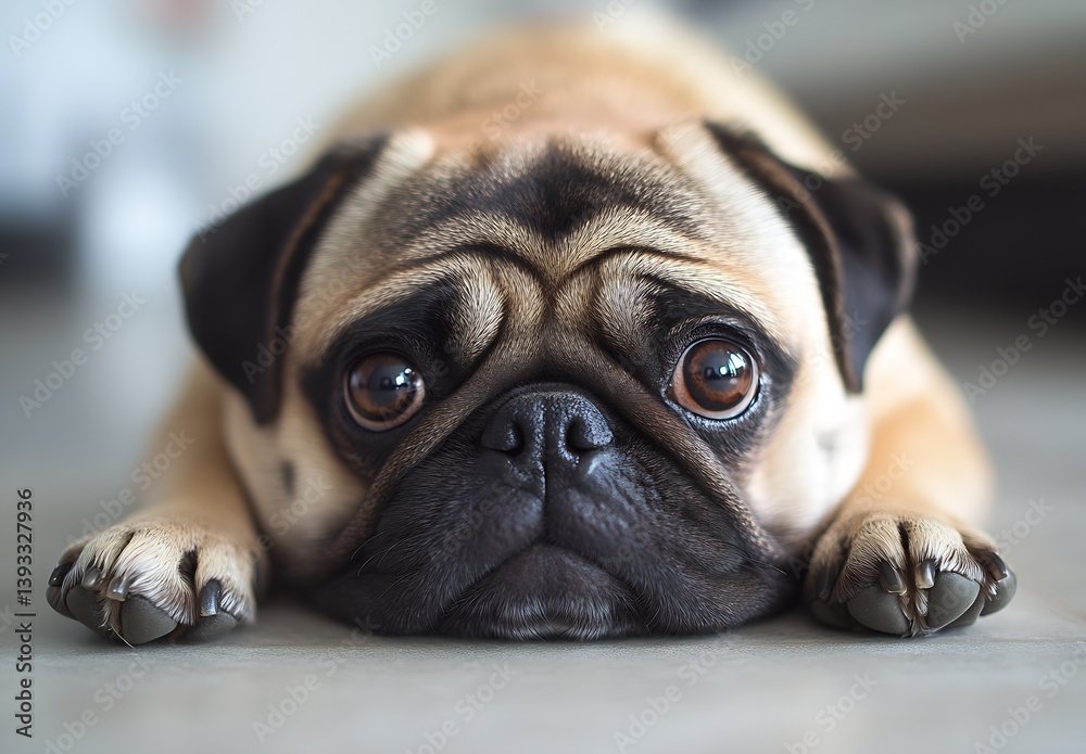 Poster Endearing pug resting on the floor with captivating eyes capturing attention and conveying emotion : Generative AI