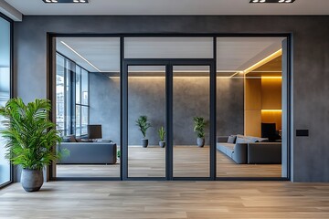 Modern Office Interior with Glass Doors Tropical Plants Waiting Area Contemporary Design Business Space : Generative AI