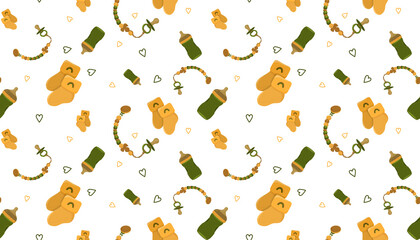 Seamless pattern featuring baby-related items on a white background. 