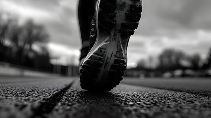 A grayscale shot capturing the textured sole of a shoe making contact with the ground. The image focuses on movement and the gritty details of the path ahead, creating a dynamic scene.