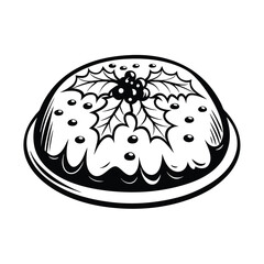 Monochrome Christmas Pudding Clipart, Decorated with Holly Leaves and Berries, Plate