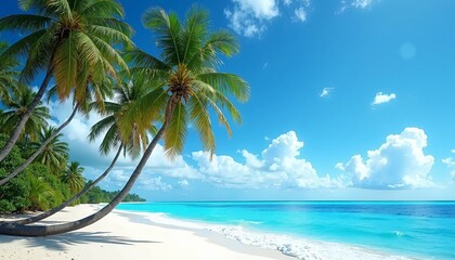 Tropical Paradise Escape: Turquoise Waves, White Sand, and Palm Trees Beneath a Brilliant Blue Sky
