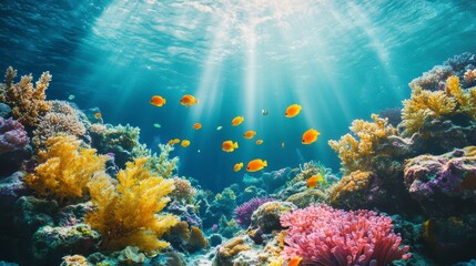 Naklejka premium Vibrant underwater scene with colorful coral reef and fish illuminated by sunbeams.
