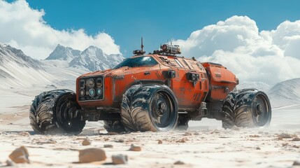 Off-road exploration vehicle in a snowy mountain landscape